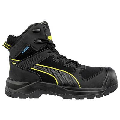 Botte de travail montante noire avec des rayures jaunes et des lacets, présentée en vue de profil sur un fond blanc.