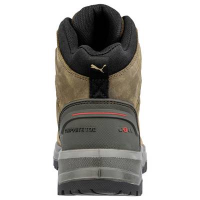 Vue arrière d'une botte de travail Puma marron avec col rembourré noir, étiquette « COMPOSITE TOE » et semelle grise