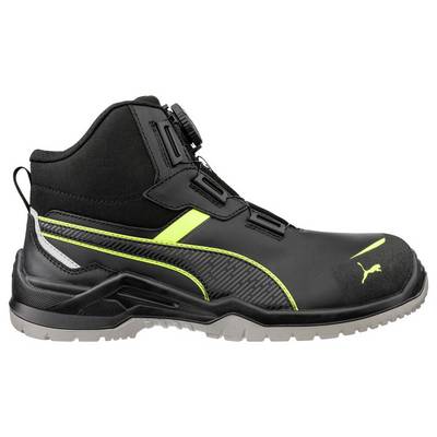Botte de travail montante Black Puma avec des accents jaune néon et une zone d'orteils renforcée sur un fond blanc.