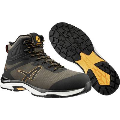 Chaussure de randonnée montante noir et orange présentée avec des vues latérales et de la semelle extérieure, dotée d'une bande de roulement robuste et d'une semelle rembourrée.