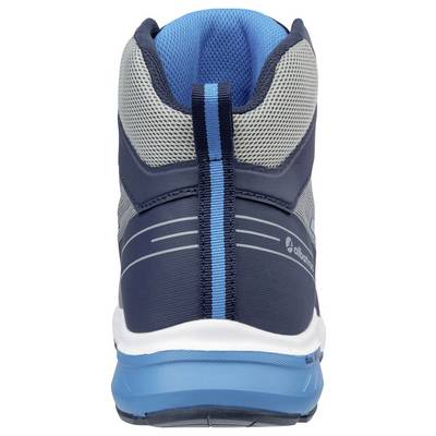 Vue arrière d'une chaussure de randonnée de sport bleu et gris avec un col montant et une semelle rembourrée.