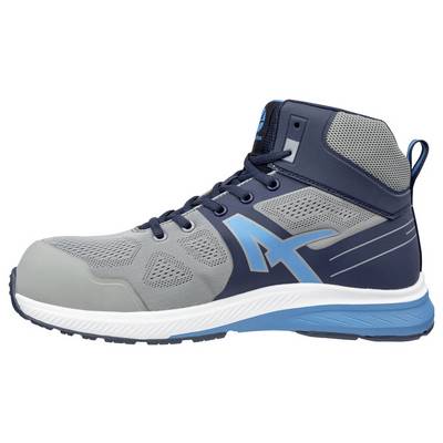 Chaussure de travail athlétique montante grise et bleu marine avec des détails bleus, présentée en vue latérale sur fond blanc.