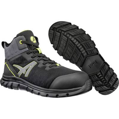 Chaussure de travail athlétique montante noire et grise avec des accents jaune néon, présentée avec une vue latérale et la semelle pour afficher la bande de roulement et l'orteil de protection.