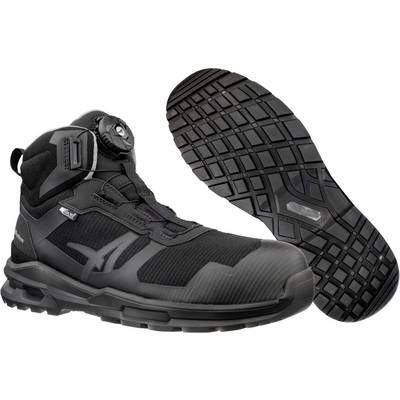 Botte de travail montante noire présentée en vue latérale et vue de la semelle, dotée d'une semelle extérieure à crampons robustes et d'une tige à lacets pour la durabilité et l'adhérence.
