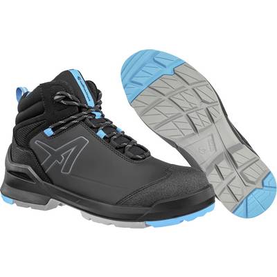 Botte de travail montante noir et bleu présentée en vue latérale avec semelle à crampons, accompagnée d'une vue de la semelle extérieure.