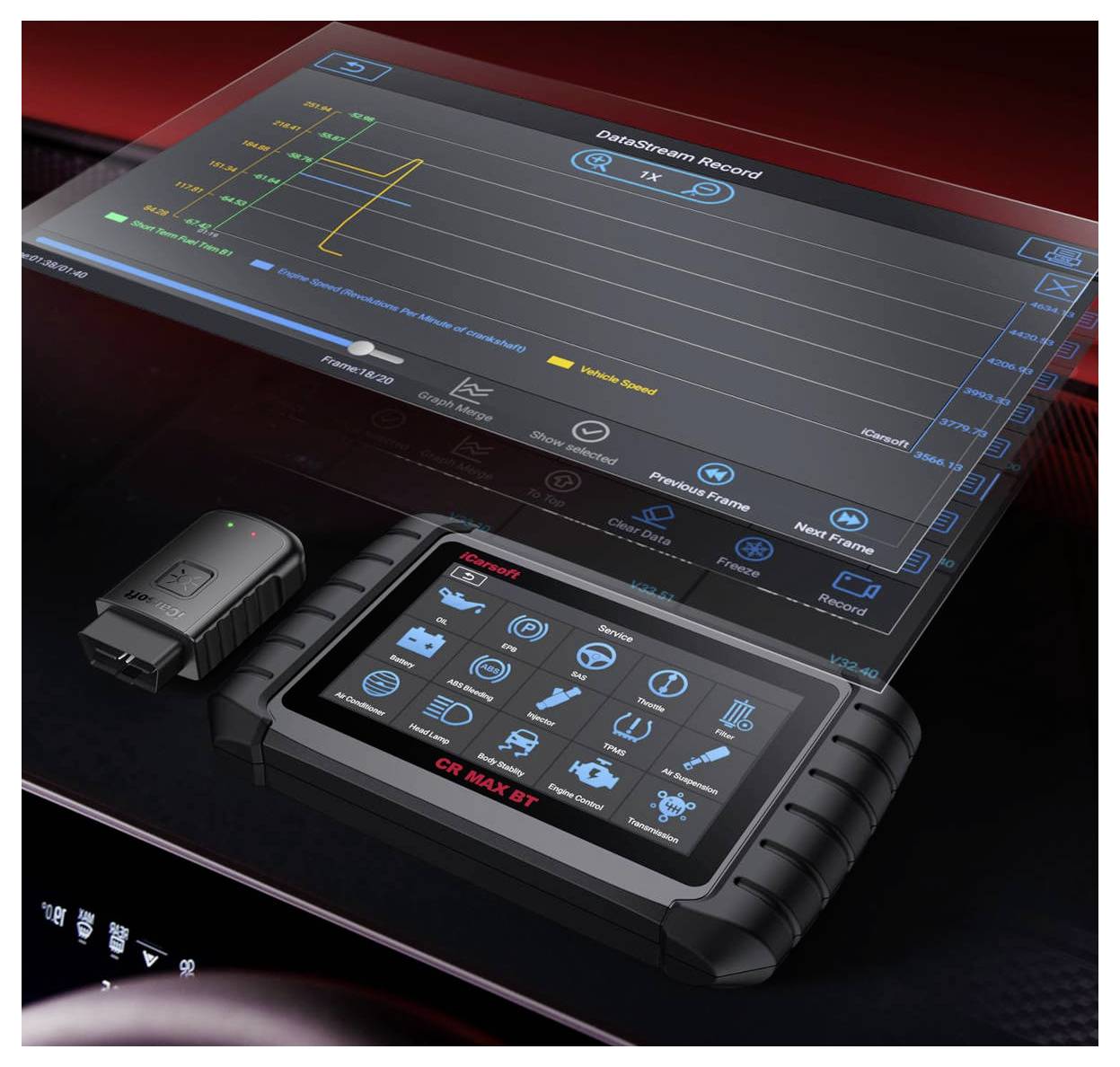 Scanneur de diagnostic automobile avec écran tactile affichant un graphique d'enregistrement de flux de données et des icônes de menu, plus un adaptateur OBD-II branché.