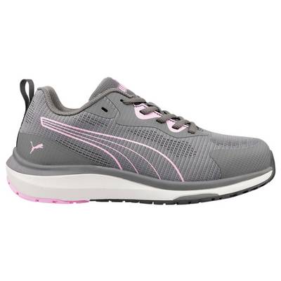 Chaussure de course athlétique grise et rose présentée en vue de profil sur un fond blanc.