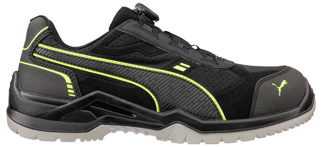Chaussure de travail athlétique Black Puma avec des accents jaune néon et un embout de protection, présentée en vue latérale sur fond blanc.