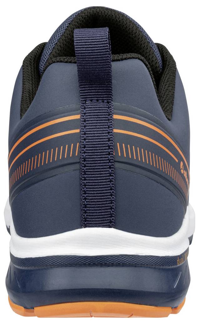 Vue arrière d'une chaussure de sport bleu marine avec des accents orange, une languette de tirage, une semelle intercalaire blanche et une semelle extérieure orange.