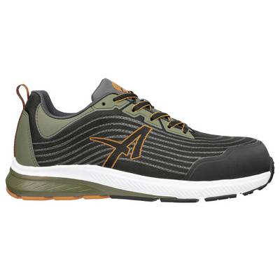 Vue latérale d'une chaussure de course athlétique noire et olive avec des accents orange et une semelle blanche, présentée sur un fond blanc.