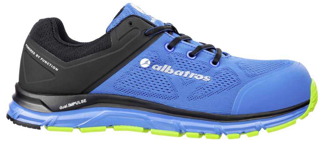 Chaussure de travail de sport bleu et noir avec semelle vert citron, présentée en vue latérale avec le marquage « albatros » sur la tige.