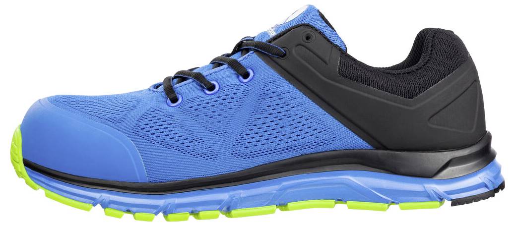 Chaussure de course athlétique bleue et noire avec semelle vert citron présentée en vue de profil sur fond blanc.