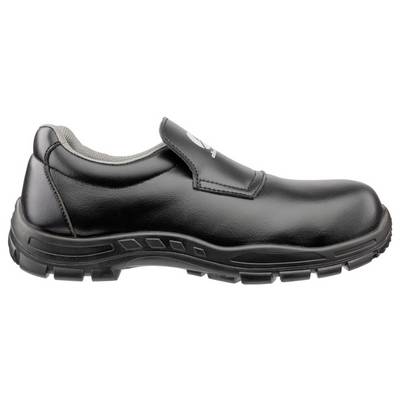 Chaussure de travail noire sans lacets avec semelle épaisse à motifs et bout renforcé, présentée en vue de profil sur un fond blanc.