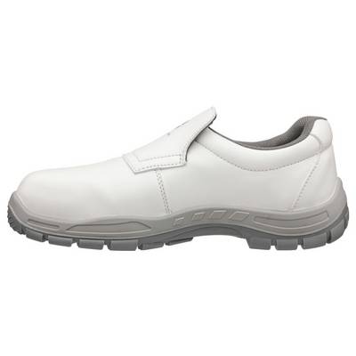 Chaussure de travail blanche sans lacets avec semelle grise et col rembourré, présentée en vue latérale sur fond neutre.