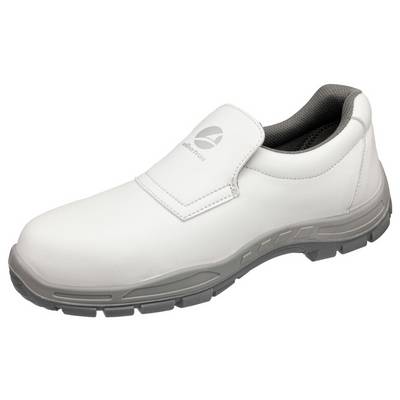 Chaussure de travail blanche sans lacets avec semelle grise et doublure intérieure noire, présentée sur un fond uni.
