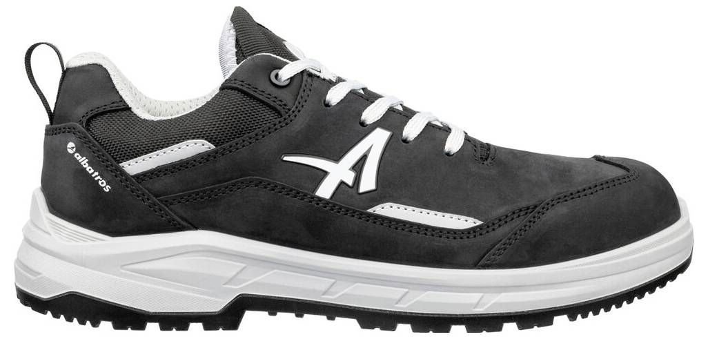 Chaussure de sécurité au travail noire et grise à coupe basse avec lacets blancs et logo, présentée en vue de profil sur fond blanc.