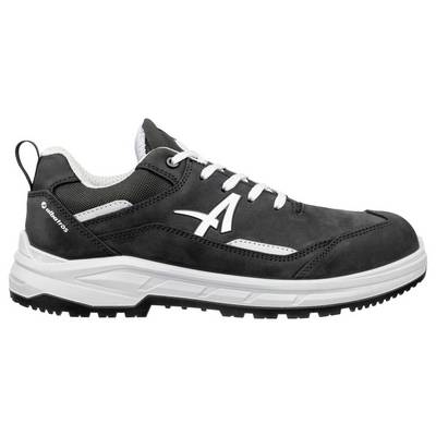 Chaussure de sécurité au travail noire et grise à coupe basse avec lacets blancs et logo, présentée en vue de profil sur fond blanc.