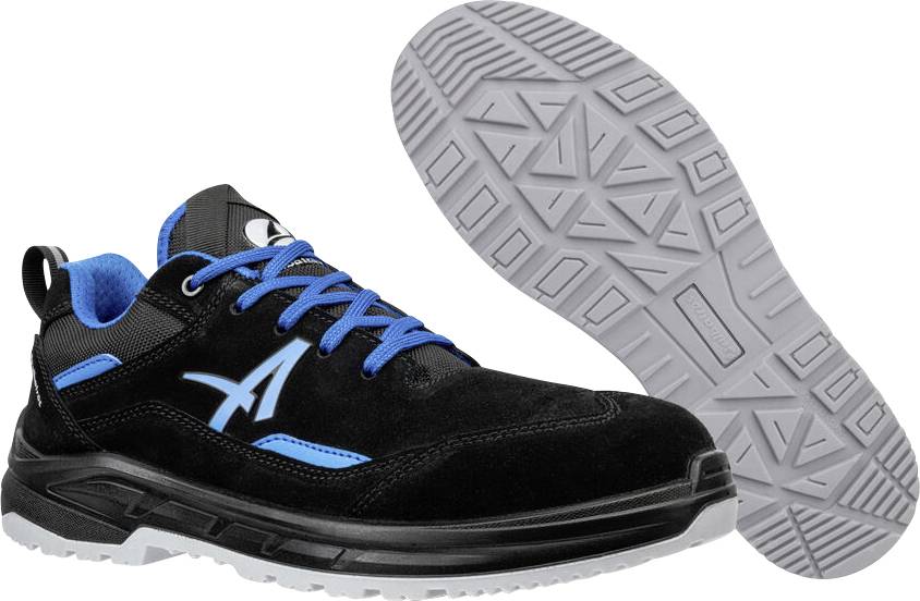 Chaussure de travail athlétique noire avec des lacets et des accents bleus, présentée avec la semelle crantée grise visible à côté sur un fond blanc.
