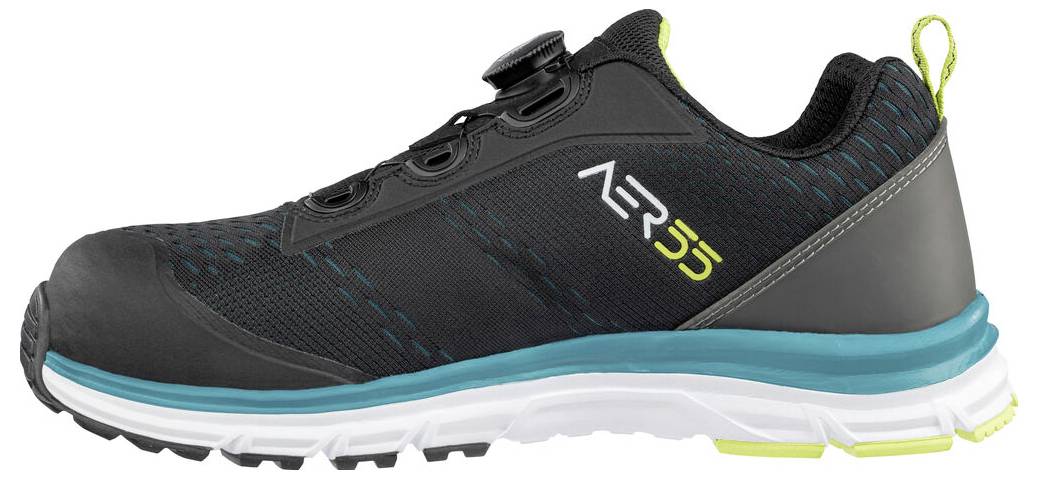 Chaussure de sport noire et grise avec des accents de semelle bleu-vert et des détails de logo jaunes, présentée en vue latérale sur un fond blanc.