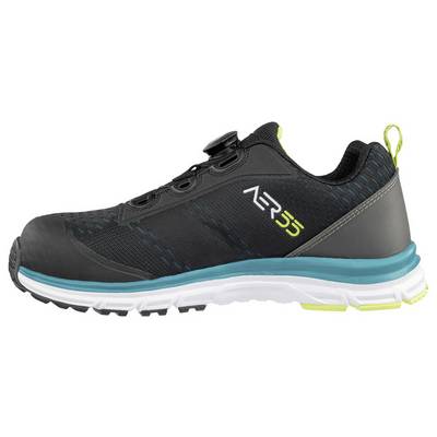 Chaussure de sport noire et grise avec semelle turquoise et détails vert citron, présentée en vue latérale sur fond blanc.