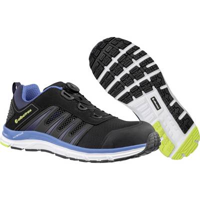 Chaussure de course athlétique noire avec des accents bleus, présentée aux côtés de sa semelle, présentant des détails de bande de roulement blancs et vert citron.