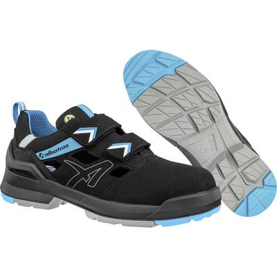 Chaussure de sécurité Albatros noir et bleu présentée sous des vues latérales et plantaires, mettant en évidence la semelle extérieure à motifs et la conception protectrice.