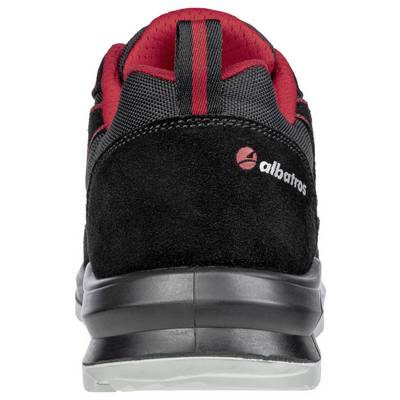 Vue arrière d'une chaussure de travail Albatros noire et rouge avec une semelle grise épaisse.