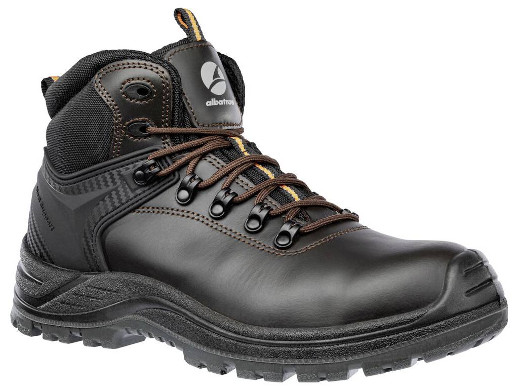 Botte de travail montante noire avec des lacets marrons, des coutures orange et une semelle crantée robuste photographiée sur un fond blanc.