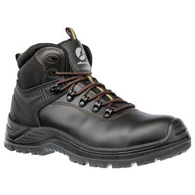 Botte de travail montante noire avec des lacets marrons, des coutures orange et une semelle crantée robuste photographiée sur un fond blanc.