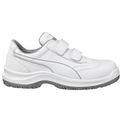 Chaussure de sport blanche avec deux bandes Velcro et semelle grise, présentée en vue de profil sur un fond uni.