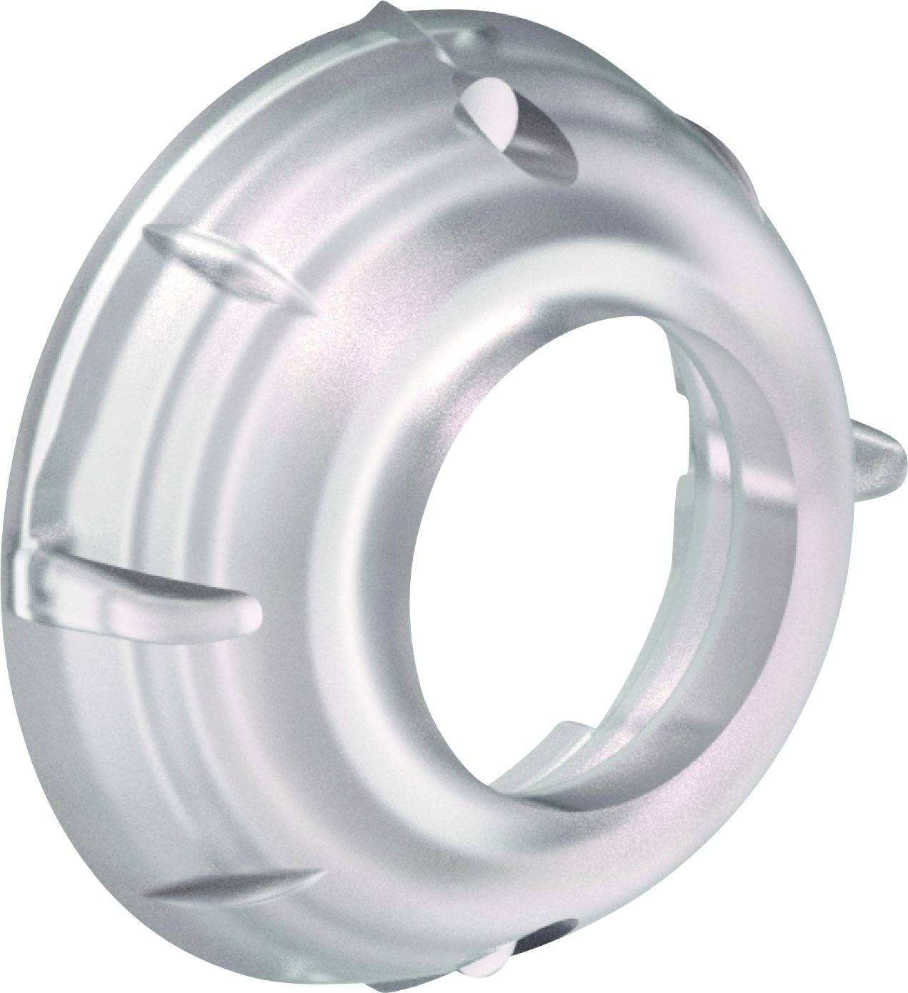 Anneau métallique argenté circulaire avec des languettes et des découpes régulièrement espacées, présenté isolé sur fond blanc.