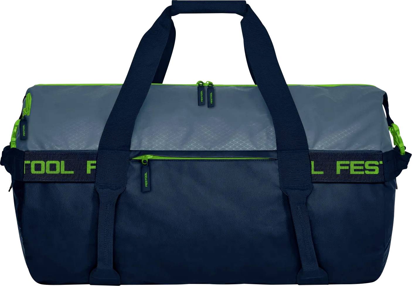 Sac de voyage bleu foncé avec des bretelles et des détails verts, présenté fermé sur un fond blanc.