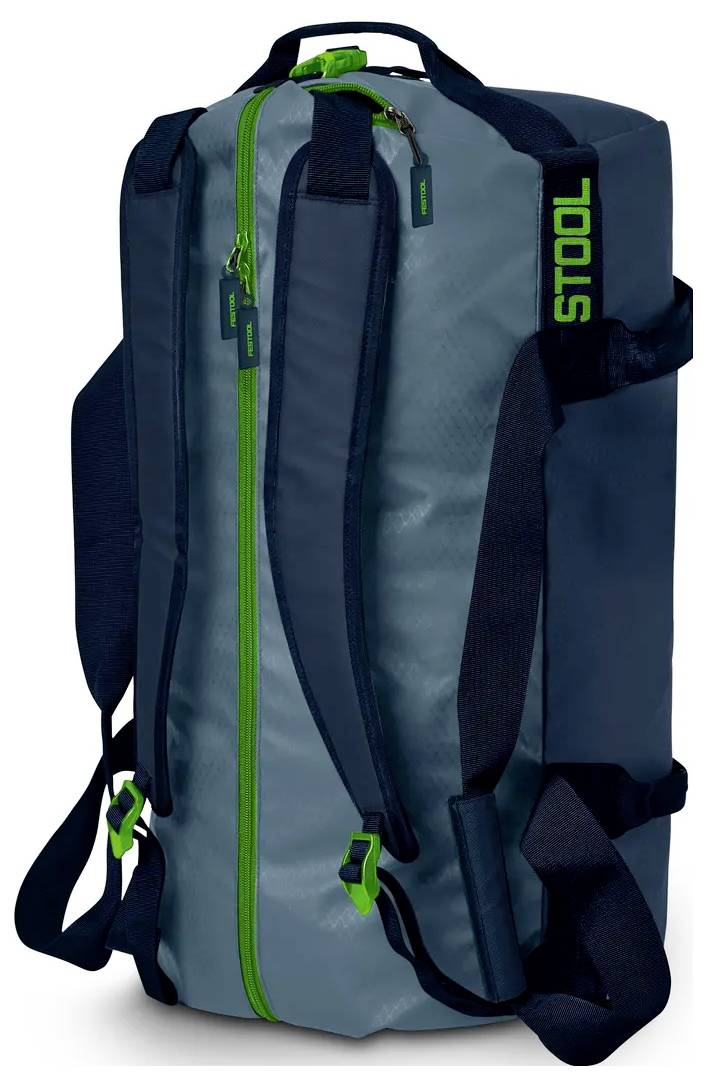 Sac à dos duffel gris et bleu marine avec fermetures à glissière vertes et marquage « TOOLS » sur fond blanc.