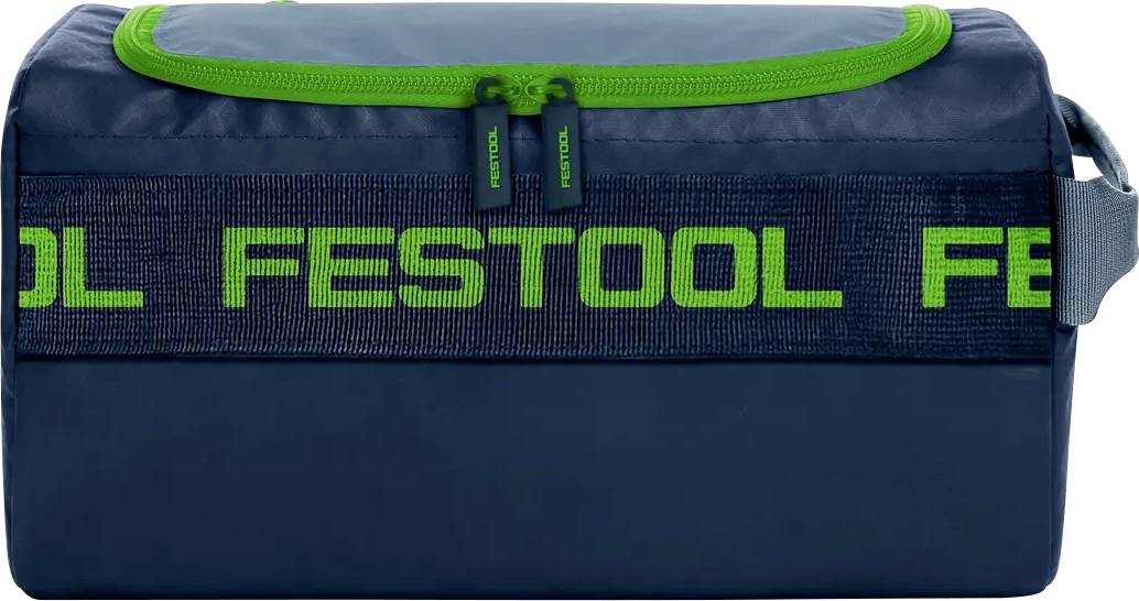 Sac à outils FESTOOL bleu et vert avec fermeture éclair, poignée de transport et sangle latérale.