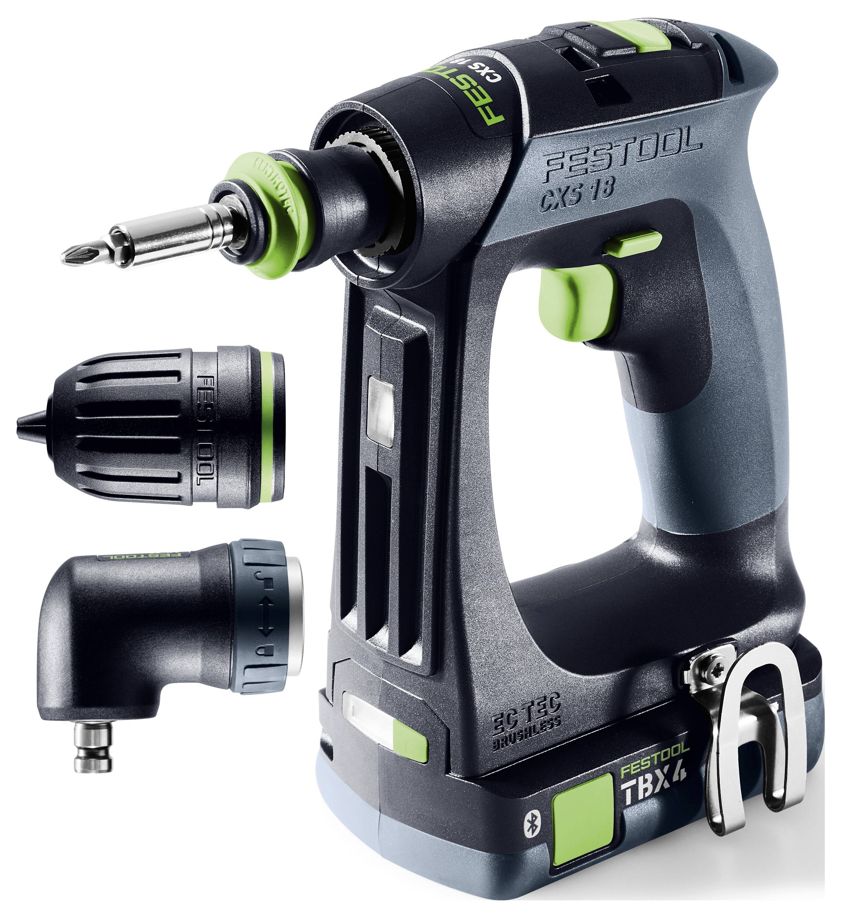Perceuse sans fil Festool présentée avec mandrin détachable et accessoire d'angle droit, outil noir et vert sur fond blanc.