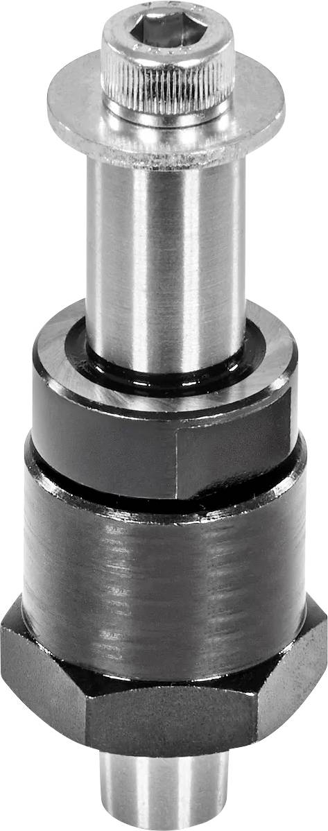 Gros plan d'une fixation métallique filetée ou d'un adaptateur avec une base hexagonale, un corps cylindrique et une ouverture de douille au sommet sur un fond blanc.