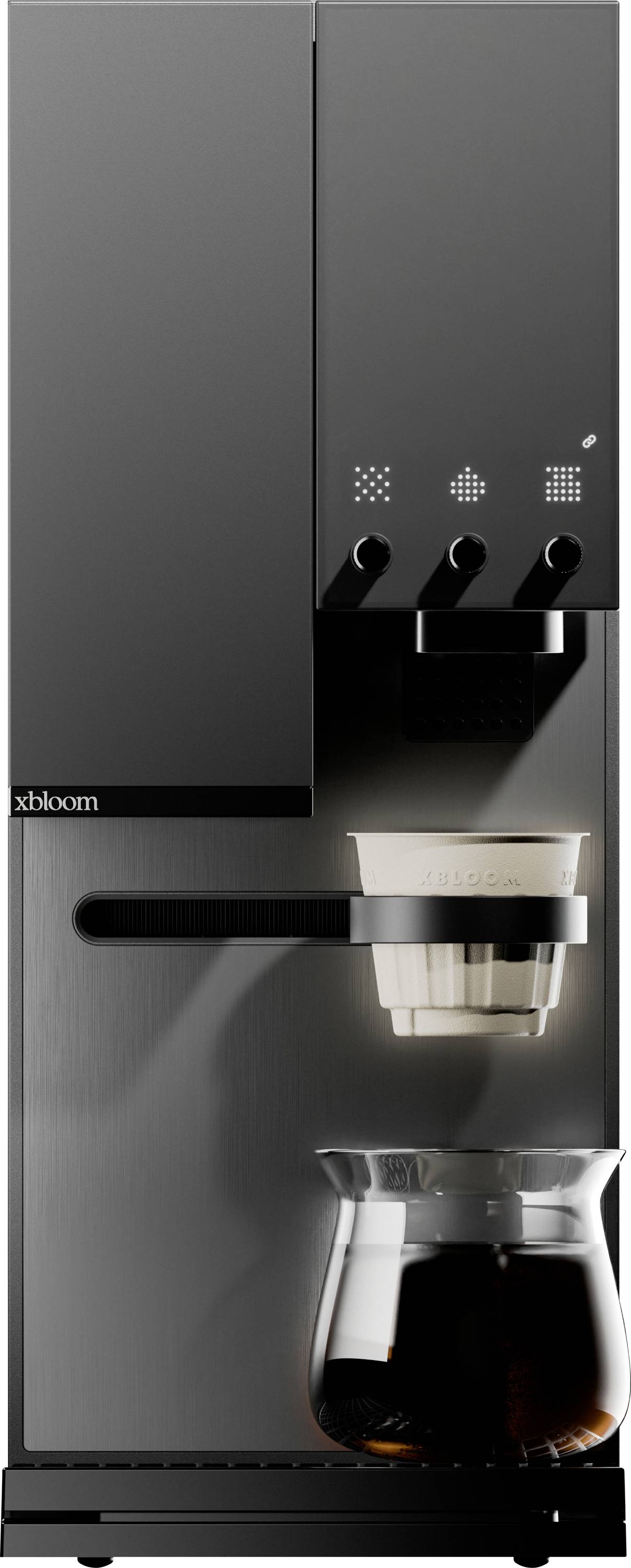 Machine à café Black xBloom avec trois commandes de brassage, un filtre à café intégré et une carafe en verre remplie de café en dessous.