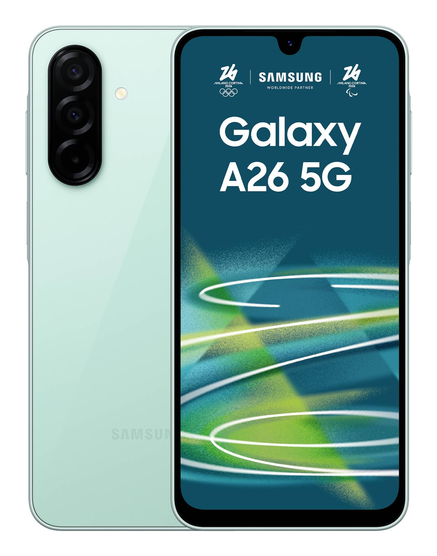 Smartphone Samsung Galaxy A26 5G présenté de face et de dos en vert menthe, avec triple caméras arrière et l'écran affichant « Galaxy A26 5G ».