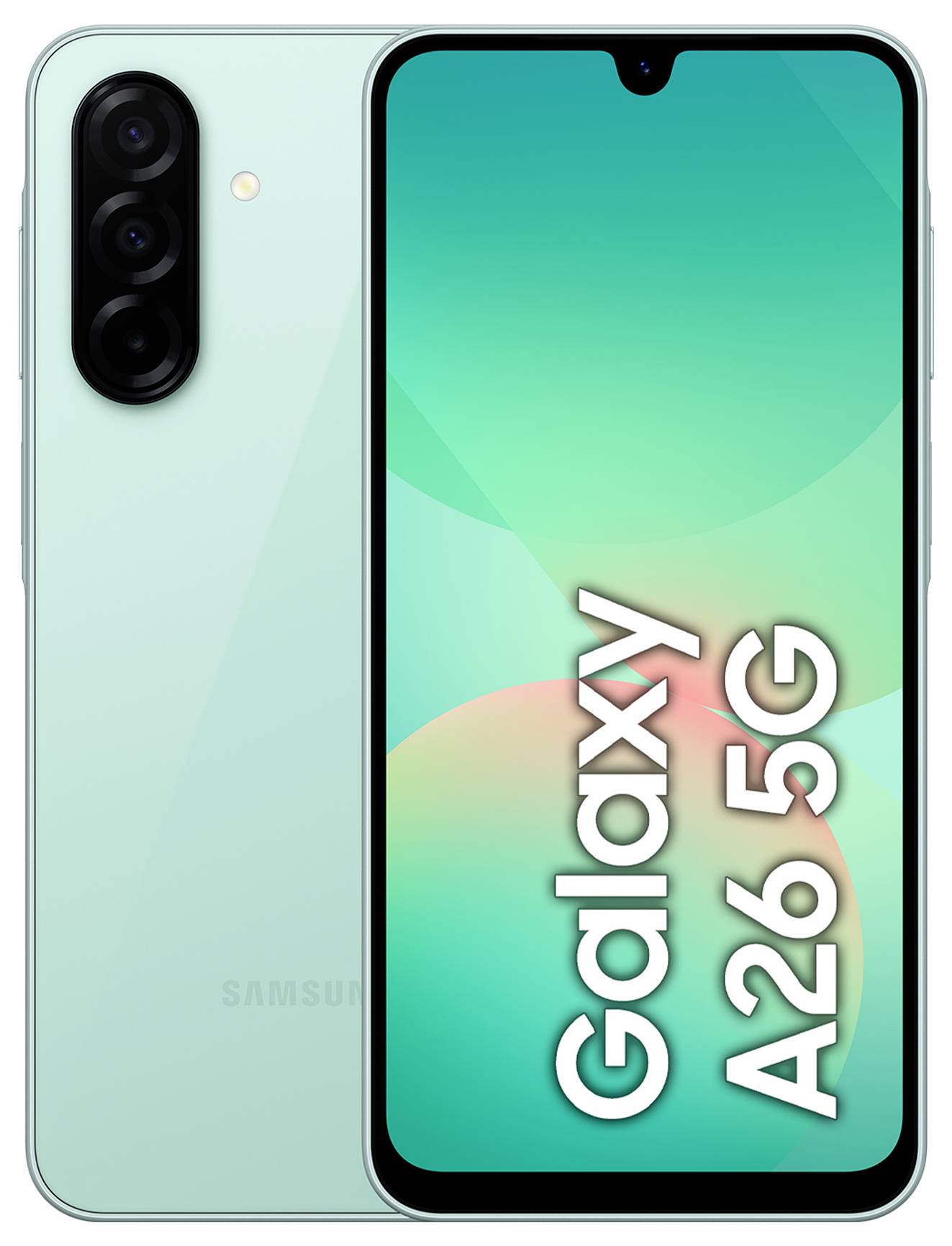 Smartphone Samsung Galaxy A26 5G présenté de face et de dos en vert menthe, avec des caméras arrière triple et un écran étiqueté « Galaxy A26 5G ».