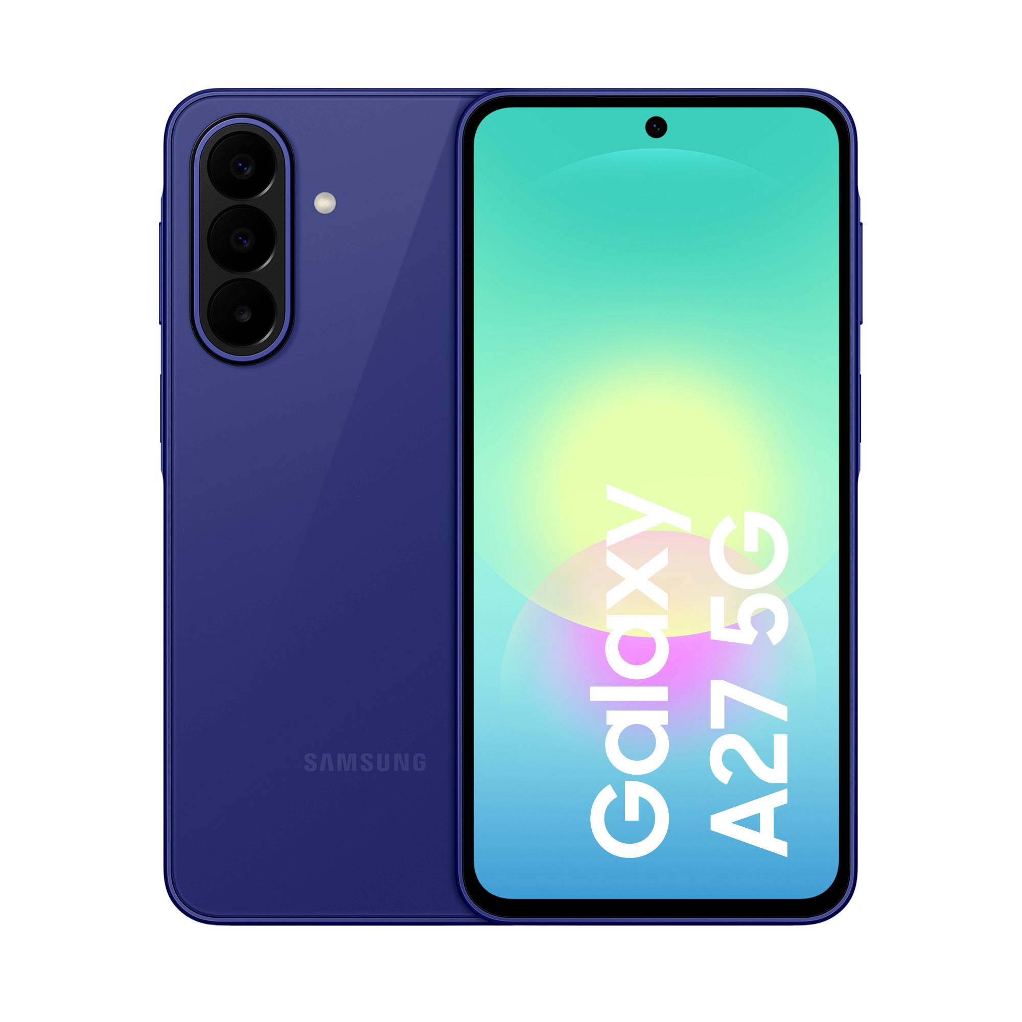Smartphone Samsung Galaxy A27 5G bleu montré de face et de dos, avec trois caméras arrière et « Galaxy A27 5G » affiché sur l'écran.