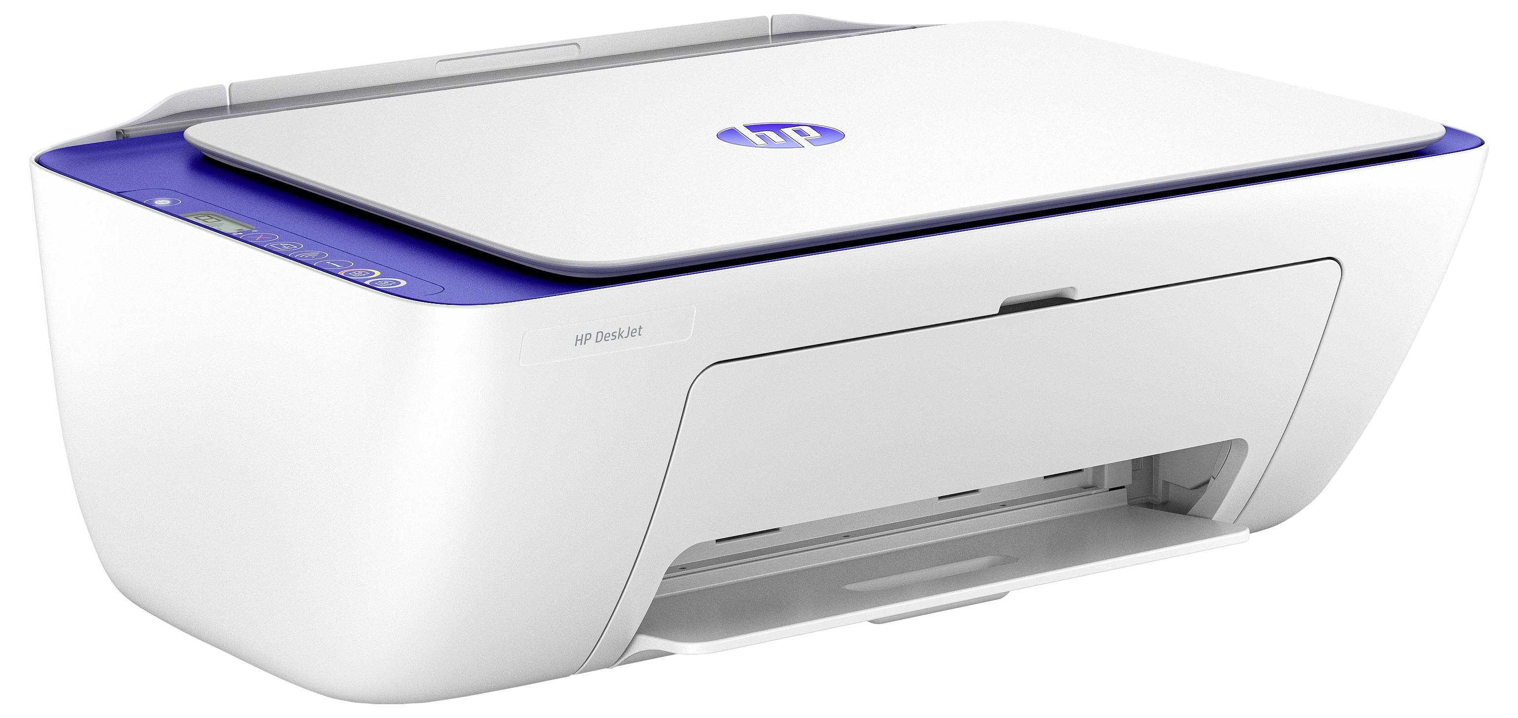 Imprimante tout-en-un HP DeskJet blanche avec des accents bleus, présentée sous un angle avant-gauche sur un fond blanc.