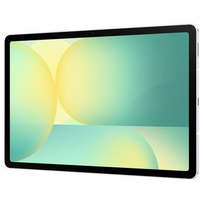 Une tablette affichant un fond d'écran abstrait bleu-vert et jaune avec des cercles qui se chevauchent et des dégradés.