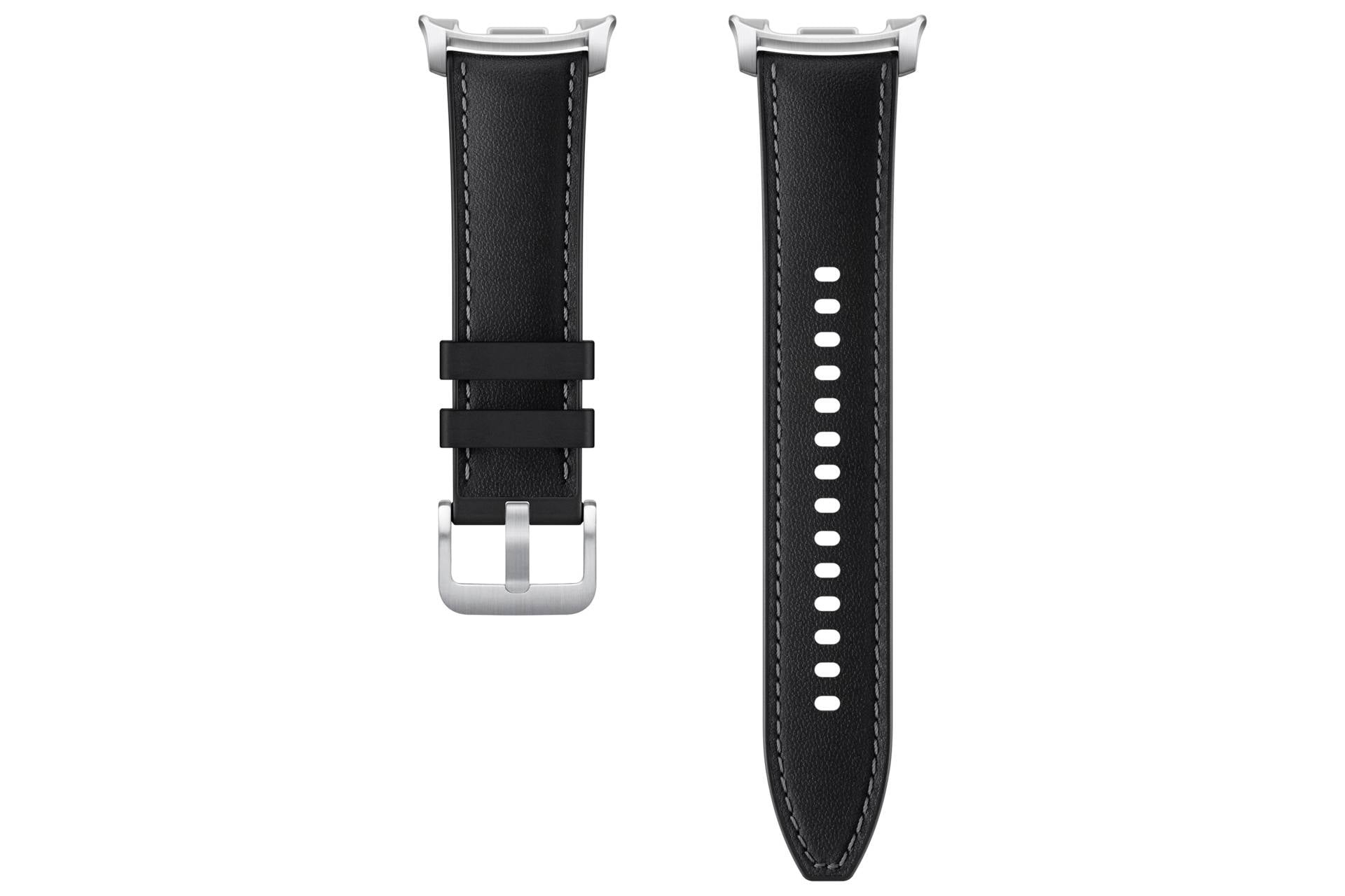 Bracelet de montre en cuir noir avec boucle argentée et trous d'ajustement perforés, présenté de face et de dos sur un fond blanc.
