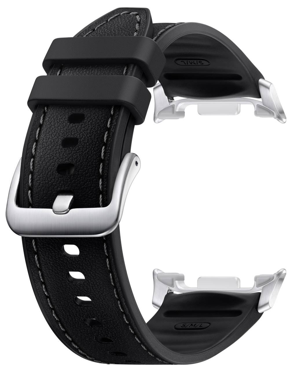 Bracelet de montre en cuir noir avec boucle en métal argenté et fermoir noir, présenté isolé sur un fond blanc.