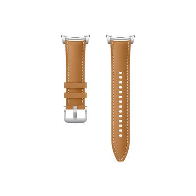Deux bracelets de montre en cuir orange présentés de face et de dos, avec des boucles en argent et des coutures.