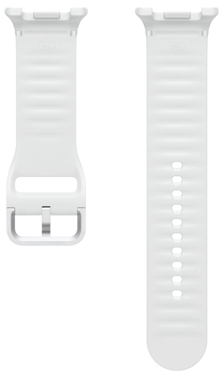 Bracelet de montre en silicone blanc présenté de face et de dos, avec trous ajustables et boucle métallique.