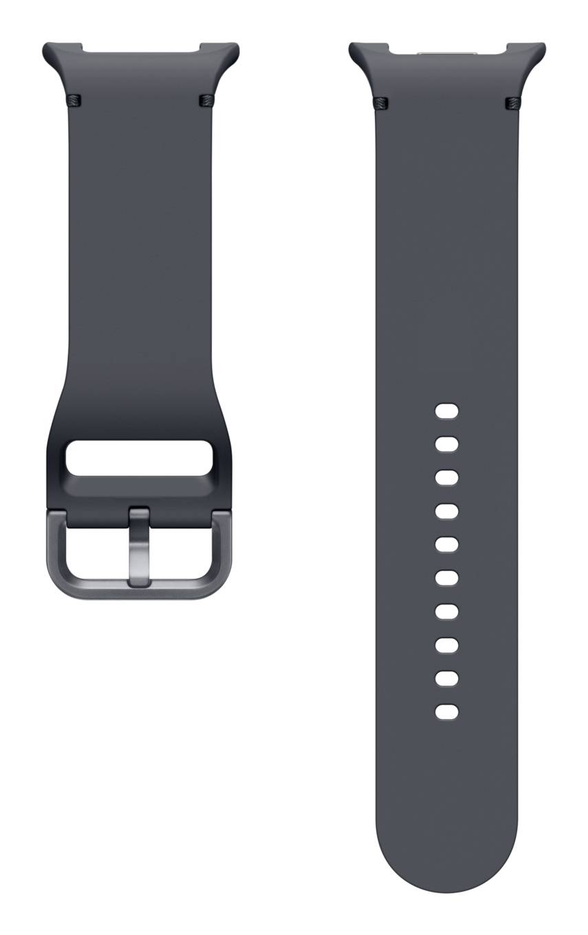 Bracelet de montre intelligente gris foncé montré de face et de dos, avec boucle métallique, découpe rectangulaire et plusieurs trous d'ajustement.