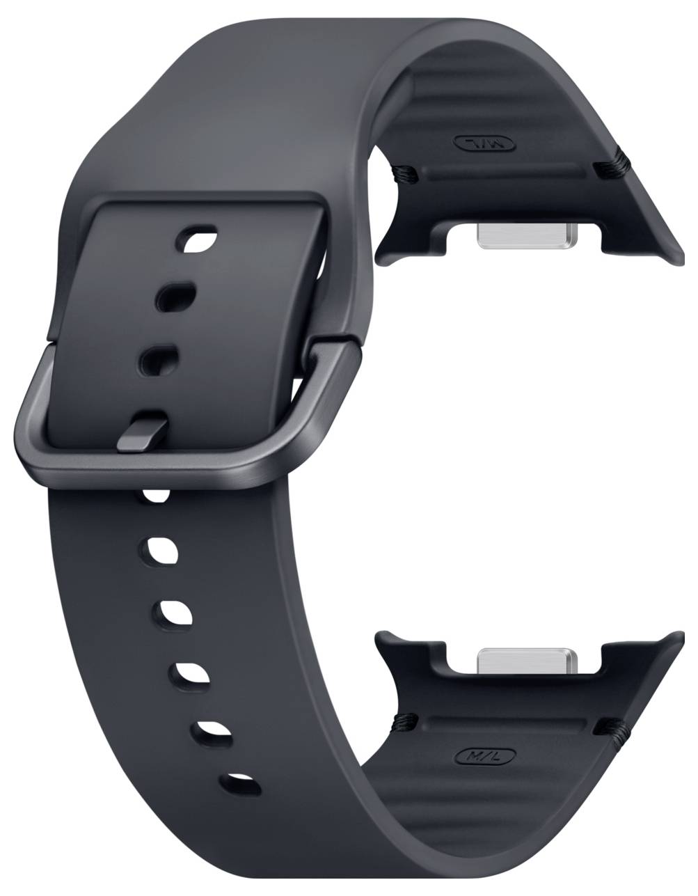Bracelet de montre intelligente en silicone noir avec une grande boucle de fermeture de style boucle, présenté isolé sur fond blanc.