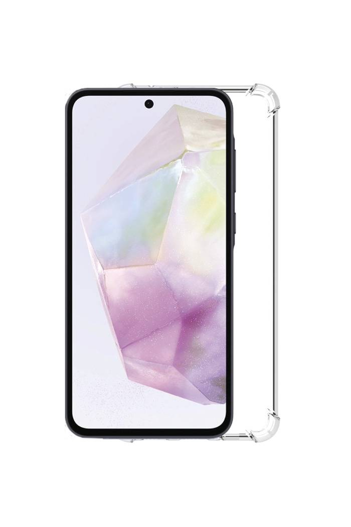 Smartphone noir présenté de face dans une coque de protection transparente, avec un fond d'écran de cristal géométrique pastel sur l'écran.