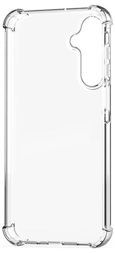 Étui de protection transparent pour smartphone montré de l'arrière, avec des découpes pour l'appareil photo et les boutons latéraux.